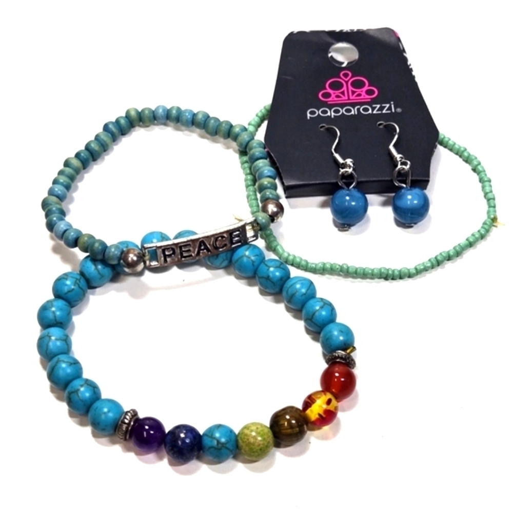 Chakra Stone Bracelet Bundle Gemstone Wood Seedbeads Turquoise Acrylic Earrings